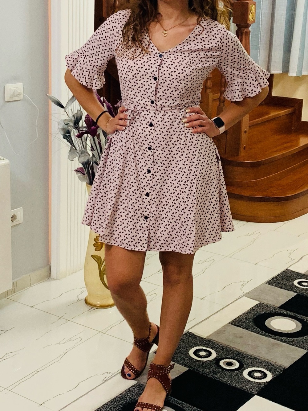 Lulu's Dusty Pink Printed V-Neck Button Dress
